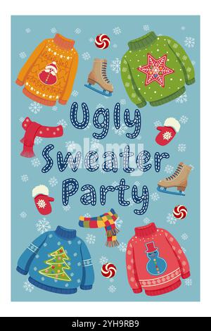 Ugly Sweater Party illustration avec des chandails sur le thème de Noël, des écharpes, des moufles, des patins à glace et des flocons de neige sur fond bleu. Vacances d'hiver Illustration de Vecteur