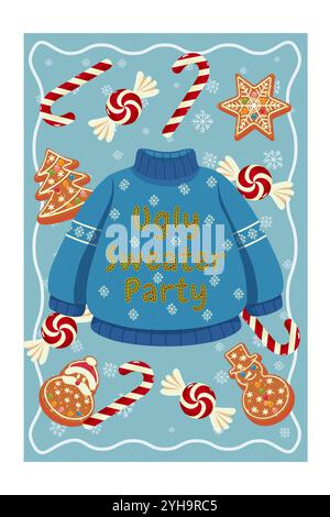 Ugly Sweater Party illustration avec des biscuits de Noël, des cannes de bonbons et des flocons de neige sur un fond bleu. Motif invitation vacances d'hiver. Illustration de Vecteur