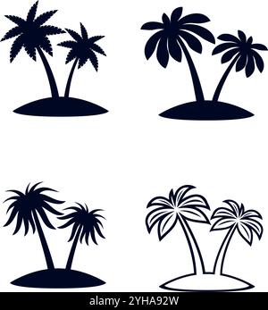 Collection de noix de coco de la forêt tropicale noire africaine ou de palmiers tropicaux sur blanc. Silhouette noire simple pour la conception graphique et Web Illustration de Vecteur