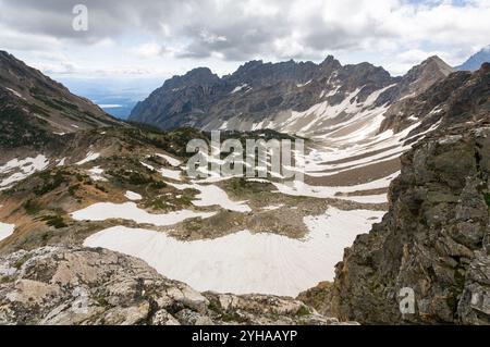 Surplombant Upper Paintbrush Canyon depuis Paintbrush Divide dans le parc national de Grand Teton, Wyoming Banque D'Images