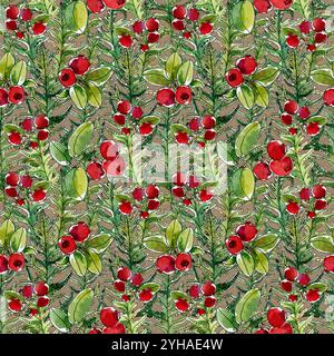 Beau fond botanique d'automne sans couture avec des canneberges, des baies rouges et des fougères. Baies nordiques. Texture dessinée à la main. Utilisation pour impression textile Banque D'Images