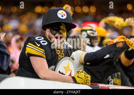 Landover, MD, États-Unis. 10 novembre 2024. Un fan des Pittsburgh Steelers acclame pendant le match de la NFL entre les Steelers de Pittsburgh et les Commanders de Washington à Landover, Maryland. Reggie Hildred/CSM/Alamy Live News Banque D'Images