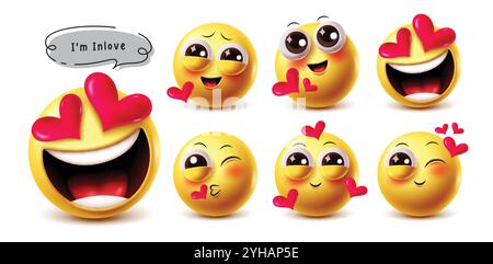 Jeu de caractères vectoriels emoji amoureux. En amour 3d émoticônes jaunes avec heureux, attirer, obsédé, visage mignon et charmant caractère emojis souriant Illustration de Vecteur