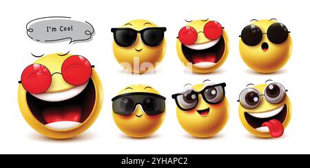 Jeu de caractères vectoriels emoji 3d cool. Emojis heureux visage cool émoticônes porter des lunettes de soleil dans le sourire mignon, rire, surprendre, profiter et drôle du visage Illustration de Vecteur