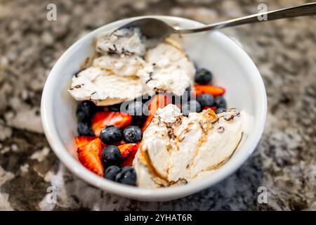 Vue au-dessus de tourbillon chocolat et crème glacée au beurre d'arachide et baies de fruits frais dans un bol avec cuillère Banque D'Images