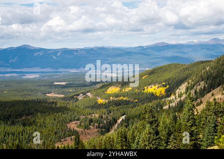 Cottonwood Pass, Colorado surplombe la vue à l'automne avec la forêt d'épicéa à feuilles persistantes par la route de comté 742 autoroute et feuillage d'automne de tremble Banque D'Images