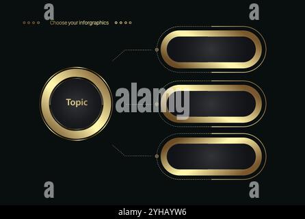 Bannière de trois étapes dorées, modèle infographique et cercle de luxe en couleur dorée, bouton vectoriel abstrait pour modèle infographique polyvalent, or Illustration de Vecteur