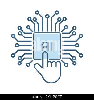 Ligne de main touchant sur une puce de symbole de système de circiut, icône, pour la technologie de machine robotique utilisée dans la conception d'icône d'innovation d'IA, et lignes de traitement Illustration de Vecteur