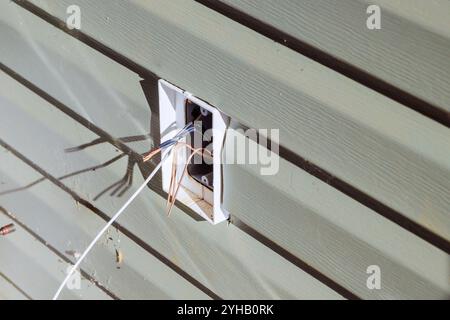 Maintien des fils électriques pour les prises de courant sur un mur extérieur Banque D'Images