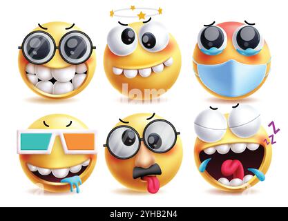 Jeu de caractères vectoriels emoji Dingo. Emojis 3d caractère jaune comme drôle, nerd, étourdi, malade, bavure, expressions faciales clip art fatiguées et riantes. Illustration de Vecteur