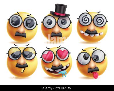 Jeu de caractères vectoriels emoji vieil homme. Emojis clip art avec mascotte portant moustache et lunettes de soleil en sérieux, étourdi, drôle, baiser, amoureux et fatigué Illustration de Vecteur