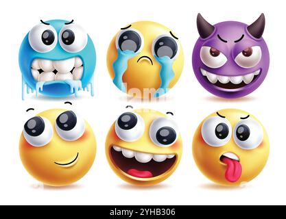 Jeu de caractères vectoriels clipart emoji SOB. Emojis froid, pleurs, diable, confus, heureux et fatigué expression faciale éléments de conception de caractère. Vecteur Illustration de Vecteur