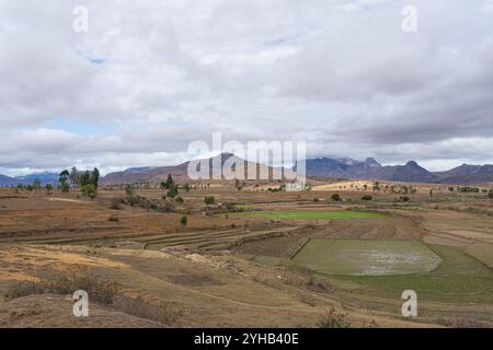 Vaste terrain agricole avec des parcelles de champs verts et bruns sous un ciel nuageux. Paysage rural, Parc National d'Isalo, Madagascar. Banque D'Images