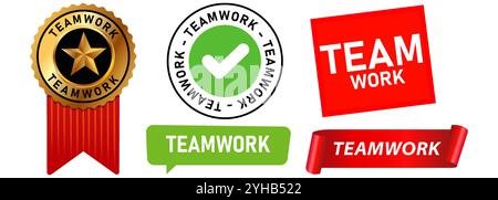 Équipe de travail d'équipe groupe de travail ensemble de travail résoudre le problème de coopération plan de communication développement timbre coloré timbre badge emblème médaille grunge Illustration de Vecteur