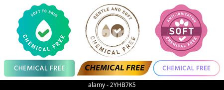 Tampon chimique gratuit badge coloré texturé non toxique matériau d'ingrédient de produit sûr garantie signe emblème autocollant étiquette sceau conception ensemble d'icônes Illustration de Vecteur