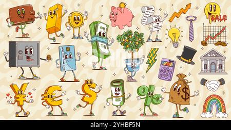 Personnages de finance groovy de dessin animé rétro d'argent mignon, pièces d'or, portefeuille et carte de crédit. Vecteur psychédélique dollar, euro et symboles de monnaie yen, sac d'argent vintage, personnage de sourire sûr et hippy Illustration de Vecteur
