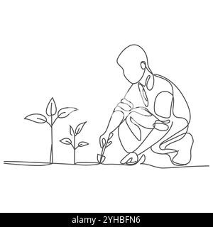 Dessin d'art simple continu d'une ligne de l'homme plantant et cultivant l'illustration vectorielle d'arbre de plan de semences, dessin d'art simple continu d'une ligne o Illustration de Vecteur