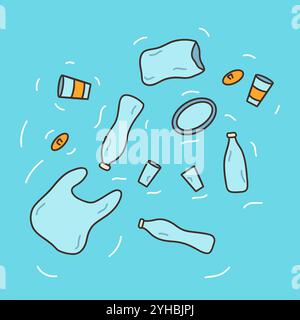 Les déchets plastiques flottent dans l'eau. Sac en plastique, bouteilles, tasses à café, vaisselle en plastique. Arrêter le concept plastique. Protection de l'environnement contre la pollution. C Illustration de Vecteur