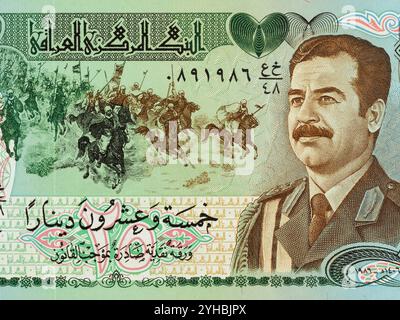 Portrait Irak Saddam Hussein avec la bataille d'al-Qādisiyyah en arrière-plan à partir du billet de banque de 25 dinnars Banque D'Images