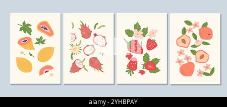 Affiches modernes abstraites avec des fruits, collection de design plat. Ensemble de cartes verticales avec fruits tropicaux entiers, tranches, morceaux. Papaye, fruit du dragon, s. Illustration de Vecteur