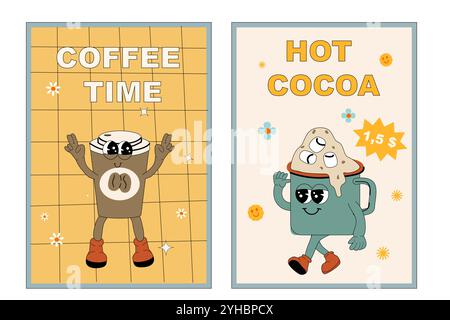 Bannière ou affiche avec jeu de personnages groovy de café. Collection de cartes verticales mascottes rétro y2k et années 60. Fond publicitaire avec vintage co à la mode Illustration de Vecteur