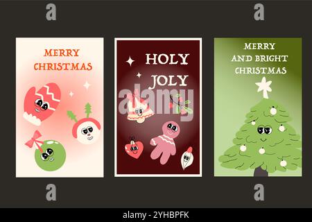 Bannière verticale de Noël avec caractère groovy. Fond de caractère et d'éléments de Noël y2k. Bonne année et modèle de Noël dans un style rétro. Illustration de Vecteur