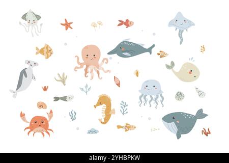 Ensemble animaux marins enfants mignons. Collection d'éléments sous-marins. Ocean habitants ensemble de dauphins, baleines et autres personnages mignons. Aquatique sauvage Illustration de Vecteur