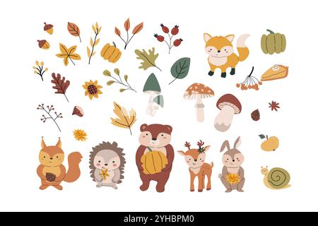 Animaux d'automne paquet avec des feuilles et d'autres articles saisonniers et vêtements, des choses. Animaux sauvages de la forêt d'enfants avec des éléments clipart de récolte. Dessiné à la main Illustration de Vecteur