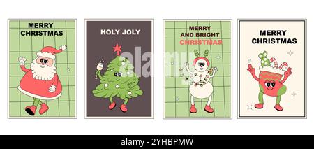 Bannière verticale de Noël avec caractère groovy. Personnage groovy de Noël avec affiche ou carte de voeux y2k Elements. Bonne année et Noël Templat Illustration de Vecteur