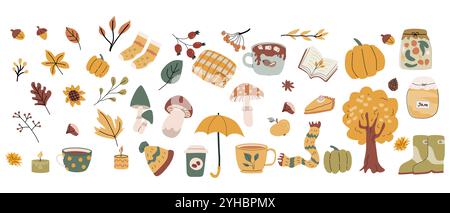 Éléments de récolte d'automne, autocollants ensemble de différentes feuilles, tasses, champignons. Cosy clipart choses et vêtements pour scrapbooking, impression, affiches. Illustration de Vecteur