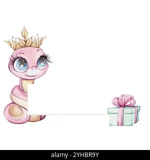 Princesse fille serpent rose avec couronne et boîte cadeau verte, arc rose. Cadre aquarelle, frontière avec symbole du nouvel an 2025 Chines dans un style de dessin animé mignon Illustration de Vecteur