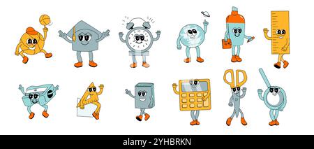 jeu de caractères de l'école y2k. Collection de fournitures groovy scolaires avec des visages drôles. Tableau noir, règles et autres articles de papeterie. mascottes rétro de l'école y2k pour Illustration de Vecteur