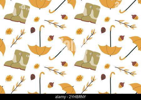 Automne automne automne Thanksgiving jour modèle sans couture avec des feuilles mignonnes, des choses, des citrouilles. Design de décoration de récolte. Fond carré avec des feuilles, glands, noix Illustration de Vecteur