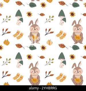 Automne automne automne Thanksgiving jour modèle sans couture avec des feuilles, des citrouilles. Design de décoration de récolte. Fond carré avec des feuilles, glands, noix. Les enfants Illustration de Vecteur