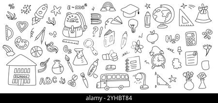 Ensemble d'éléments de contour de gribouillage pour l'école pour enfants. Fournitures de papeterie éducative, bâtiment scolaire, globe, livres et autres icônes d'accessoires pour étudiants. Illustration de Vecteur