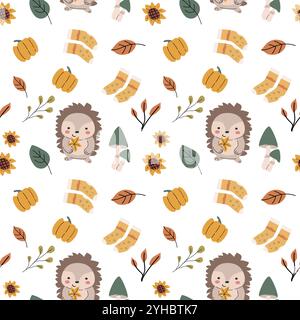 Automne automne automne Thanksgiving jour modèle sans couture avec des feuilles, des citrouilles. Design de décoration de récolte. Fond carré avec des feuilles, glands, noix. Les enfants Illustration de Vecteur