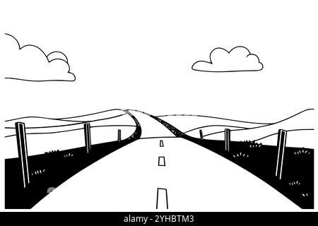 Simple route dessinée à l'encre dessinée à la main paysage d'autoroute. Illustration vectorielle de style gravé Illustration de Vecteur