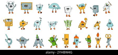 jeu de caractères de l'école y2k. Collection de fournitures groovy scolaires avec des visages drôles. Tableau noir, règles et autres articles de papeterie. mascottes rétro de l'école y2k pour le fond de l'éducation. Personnages de retour à l'école. Illustration de Vecteur