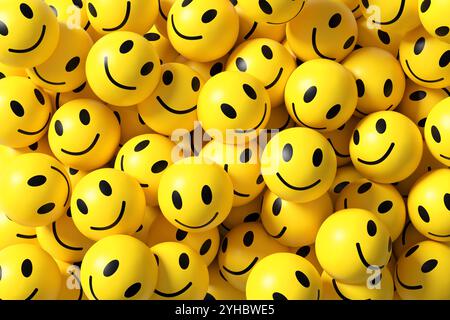 Grand groupe d'emojis jaunes avec des visages heureux souriant joyeusement, rayonnant de joie et de positivité, créant une atmosphère amusante et ludique. rendu 3d. Banque D'Images