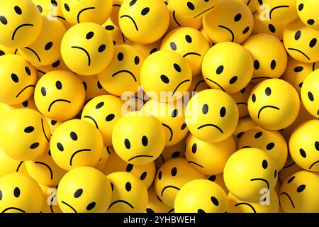 Grand groupe d'emojis jaunes malheureux montrant déception et tristesse, créant un sentiment de négativité. rendu 3d. Banque D'Images