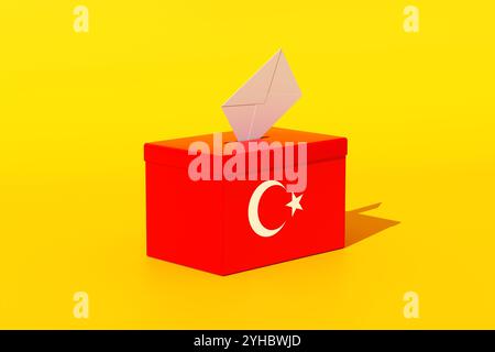 Elections et vote en Turquie. Une seule enveloppe blanche entre dans une urne décorée du drapeau turc sur fond jaune. rendu 3d. Banque D'Images