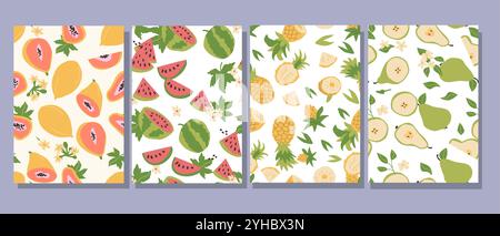 Affiches modernes abstraites avec des fruits, collection de design plat. Ensemble de cartes verticales avec fruits tropicaux entiers, tranches, morceaux. Papaye, pastèque, épingle Illustration de Vecteur