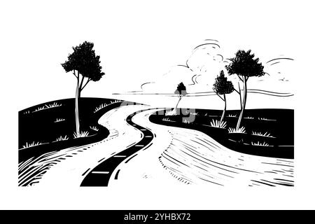 Paysage routier simple dessiné à l'encre dessiné à la main de l'autoroute. Illustration vectorielle de style gravé. Illustration de Vecteur