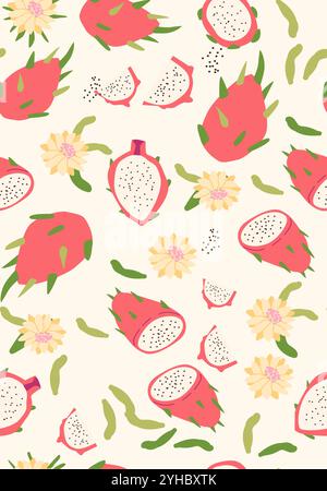 Affiche verticale abstraite de fruit de dragon, illustration plate vectorielle. Motif lumineux d'été ou d'automne avec des fruits tropicaux, conception de couverture de récolte. Peut être utilisé f Illustration de Vecteur