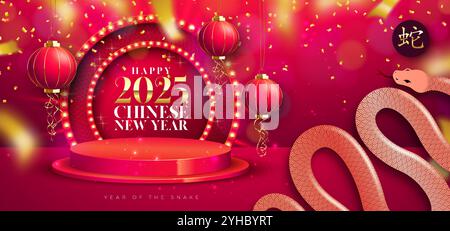 Bonne bannière de vente du nouvel an chinois 2025 avec signe de zodiaque serpent, panneau d'affichage d'ampoule, podium de scène et lanterne de papier sur fond rouge. Nouvel an lunaire Illustration de Vecteur