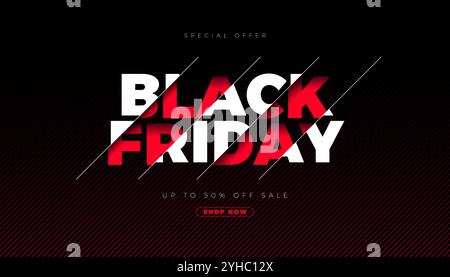 Bannière de vente de vendredi noir avec lettrage de typographie sur fond noir. Vector Black Friday Shopping Design de saison des fêtes pour l'offre de réduction Illustration de Vecteur