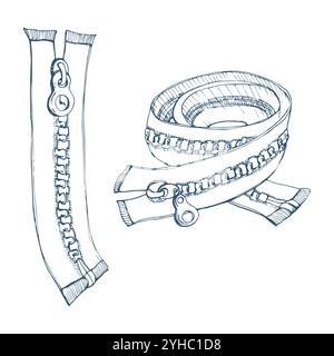 Vêtements bleus fermetures éclair fermoir tissu attaches à mouches, couture artisanale fournit des outils. Illustration vectorielle d'encre dessinée à la main. Ensemble d'objets isolés Illustration de Vecteur
