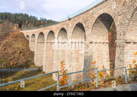 Le viaduc ferroviaire historique de Smrzovka se dresse majestueusement sous le ciel dégagé, encadré par le feuillage d'automne dans les montagnes de Jizera, mettant en valeur des couleurs vives le long du paysage tranquille. Banque D'Images