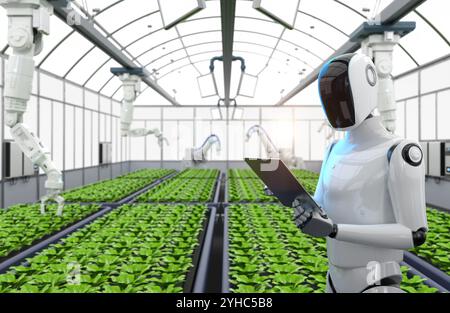 Concept de technologie agricole avec cyborg d'automatisation de rendu 3D et travail de bras robotique dans la serre Banque D'Images