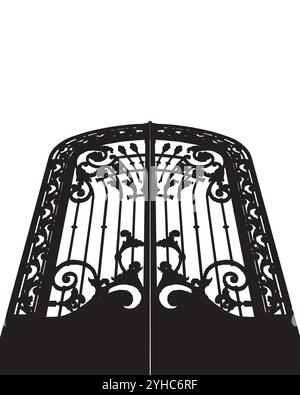 Détail vectoriel de silhouette de conception d'ornement de porte classique sur fond blanc. Porte en fer forgé fermée Illustration de Vecteur